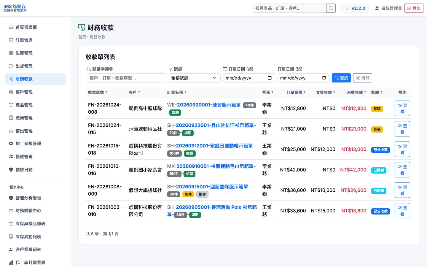 財務收款:每張收款單的實收與未收金額