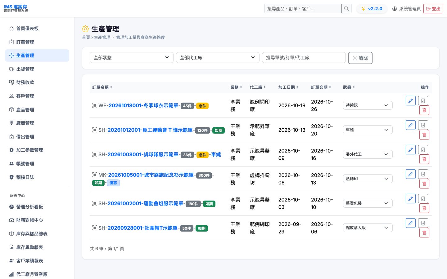 生產管理:依代工廠與狀態篩選加工單